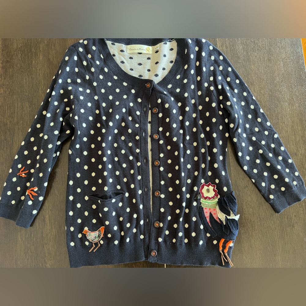 Anthropologie Navy Polka Dot Cardigan with Fun Details